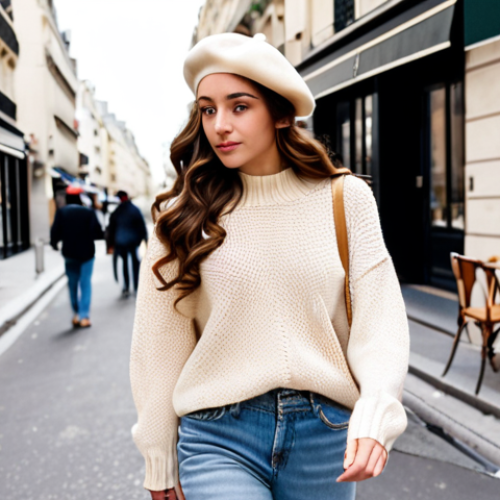 Home 4 **Image Prompt:** A woman with long, loosely curled hair wearing a cream-colored beret, a similar colored sweater, and light wash denim jeans, walking down a city street lined with cafes. Focus on the "effortlessly chic Parisian style."