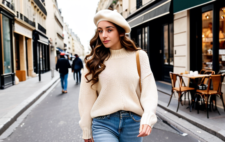 **Image Prompt:** A woman with long, loosely curled hair wearing a cream-colored beret, a similar colored sweater, and light wash denim jeans, walking down a city street lined with cafes. Focus on the "effortlessly chic Parisian style."